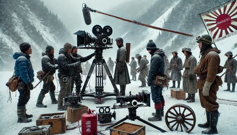 雪山での映画撮影風景。雪が降る中でカメラを構えるスタッフと、明治時代の軍服を着た俳優たちが準備するリアルな現場。
