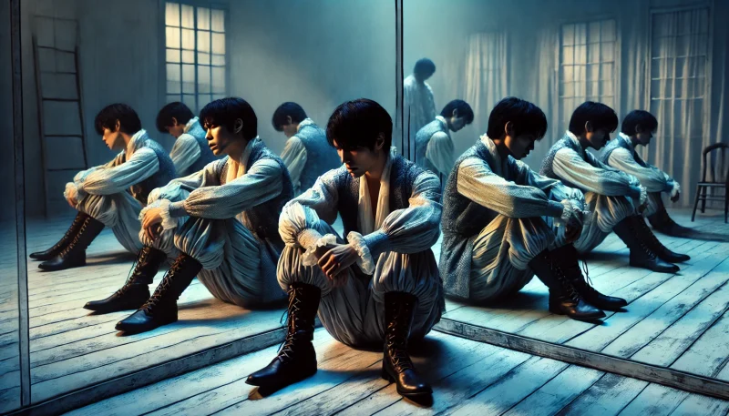 鏡張りの部屋で一人座り込む日本人男性パフォーマー。鏡には悲しみ・疲弊・混乱など異なる表情の自分が映り込み、孤独とアイデンティティの喪失を象徴する静かな演出。