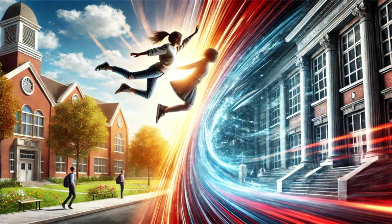 明るい現実と暗い時間のゆがみを象徴する2つの時間軸の間で空中に浮かぶ少女の姿、タイムリープを視覚化した幻想的なイメージ