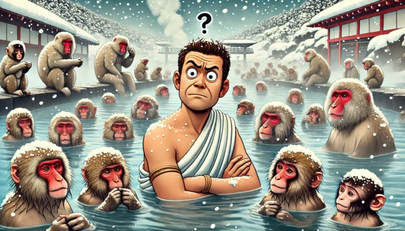 雪が舞う温泉で、日本のニホンザルたちと一緒に混浴し困惑するローマ人。温泉の湯気とサルのくつろぎぶり、そしてローマ人の驚きがユーモラスに描かれている。