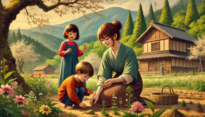 日本の田舎で、シングルマザーと二人の子どもが自然に囲まれて穏やかに過ごす情景。木造の家と山並みに囲まれた庭で、母が花を育て、子どもたちが遊ぶ様子。