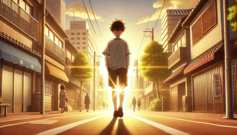 成長を遂げた少年が晴れやかな表情で日差しの差し込む都市の通りを歩く、希望と再生を象徴するアニメ風シーン