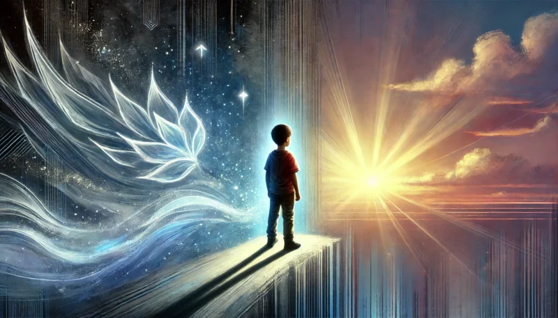 竜とそばかすの姫 けいくん:朝焼けの中、現実世界で一歩を踏み出す少年たちの後ろ姿