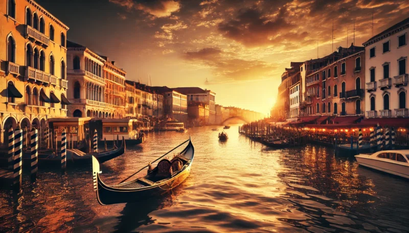 ヴェネツィアのグランド・カナルとリアルト橋を夕日に照らされた豪華なロケーションとして捉えた広角写真。映画『ツーリスト』の視覚的魅力を象徴するシーンを再現。