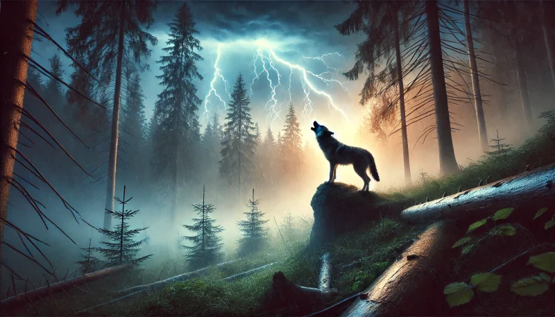 嵐の夜、崖の上で遠吠えする若いおおかみの姿。雷鳴と霧に包まれた神秘的な森が、自立と自然への帰属を象徴している。