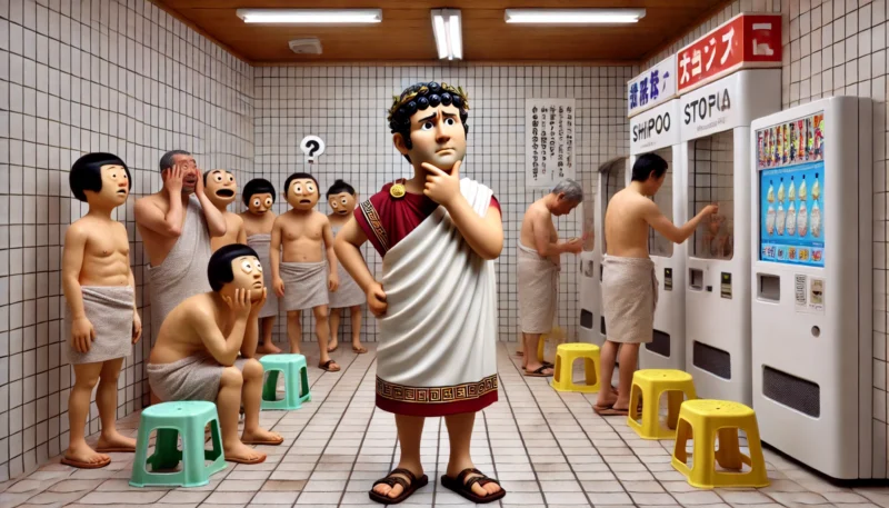古代ローマの男が現代日本の銭湯で驚く様子を描いた、時代ギャップが際立つコミカルなシーン