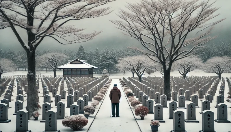 雪に覆われた日本の軍人墓地で、静かに佇む高齢の男性。冬景色の中で犠牲者を悼む厳粛な空気が漂う。