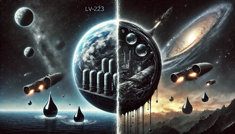 黒い液体の研究施設があるLV-223と、墜落船が残された荒廃したLV-426の対比を宇宙空間から描いた象徴的な惑星構図。