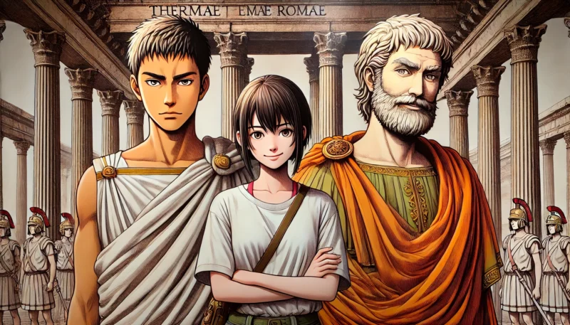 『テルマエ・ロマエ』の主要キャラクター3人が、ローマと日本の文化が融合した背景で並ぶ印象的なビジュアル
