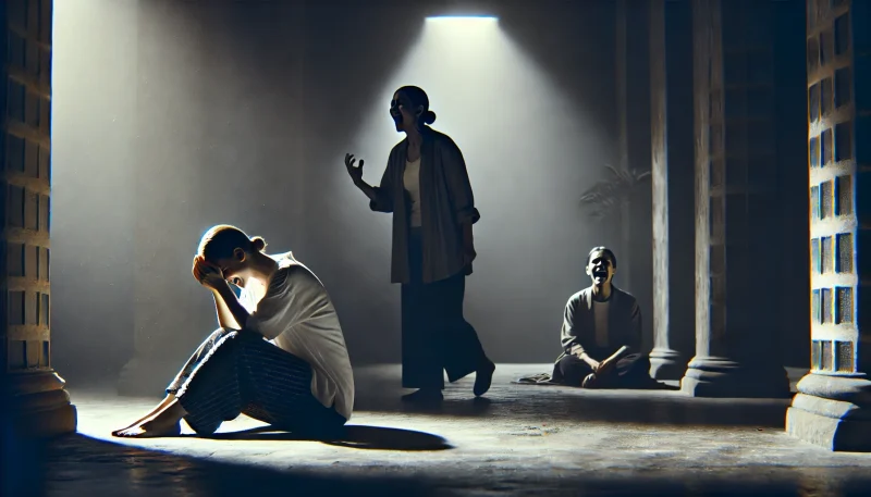 薄暗い部屋で感情的に崩れ落ちた女性と、激しい感情をぶつけるもう一人の女性。関係の破綻と精神的極限を象徴する心理スリラー的なクライマックス。