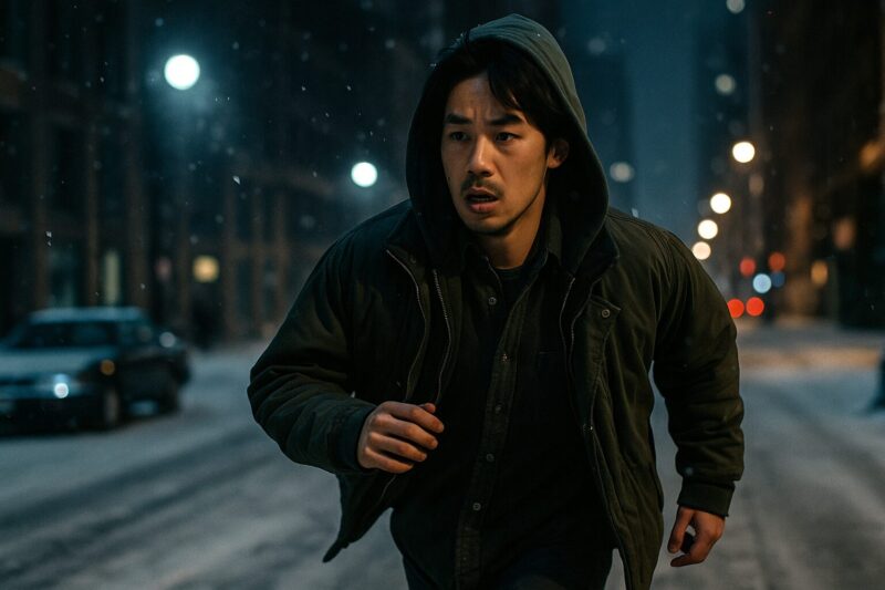 冷たい街灯に照らされたシネマティックな緊迫逃走シーン。