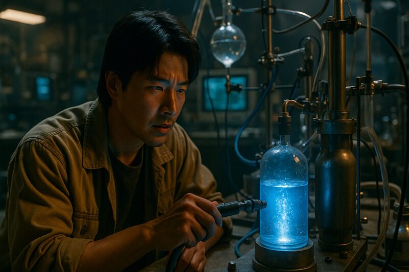 男性科学者が発光する水素エネルギー装置を真剣に操作し、クリーンエネルギー実験に没頭しているシネマティックなシーン。