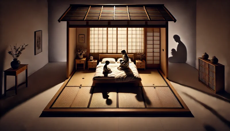 和風の寝室にある大きなベッドに一人で座る母親と二人の赤ちゃん。部屋には静かな哀愁が漂い、かつての愛の記憶と現在の孤独が共存している。背景には父親の不在を暗示する影がぼんやりと描かれている。