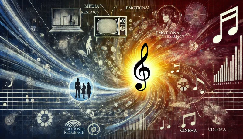 中心に輝く音符からテレビと映画へとエネルギーが拡がる構図で、「366日」という楽曲IPが多媒体で展開される戦略を視覚的に表現したイメージ