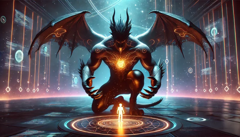 竜とそばかすの姫 けいくん:竜のアバターが小さな天使のようなアバターを優しく守るシーン。兄弟愛の象徴