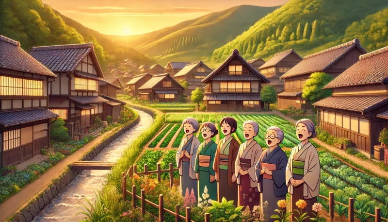 日本の田舎町の夕暮れ時、庭先で合唱する5人の高齢女性たち。温かな表情で調和のとれた雰囲気が漂い、物語を支える地域のつながりと安心感を表現したシーン。