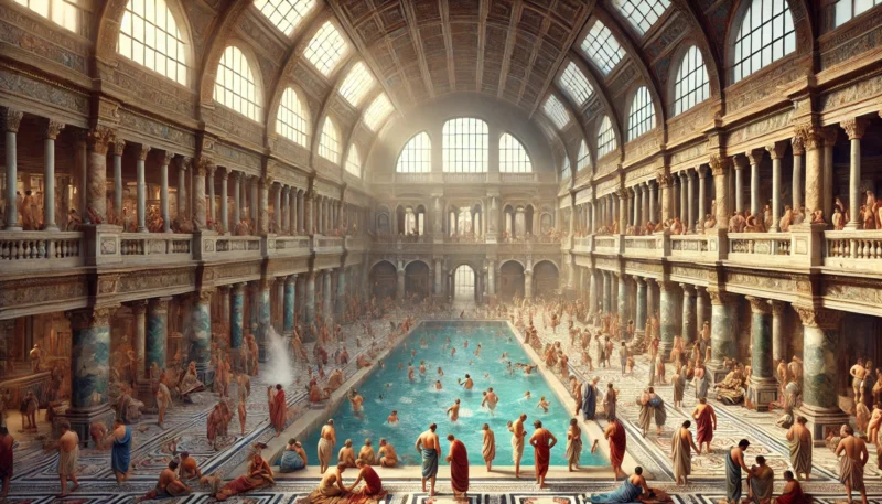 古代ローマのテルマエ内部で、浴場や運動場を利用する市民たちのにぎわいを描いた壮麗な風景