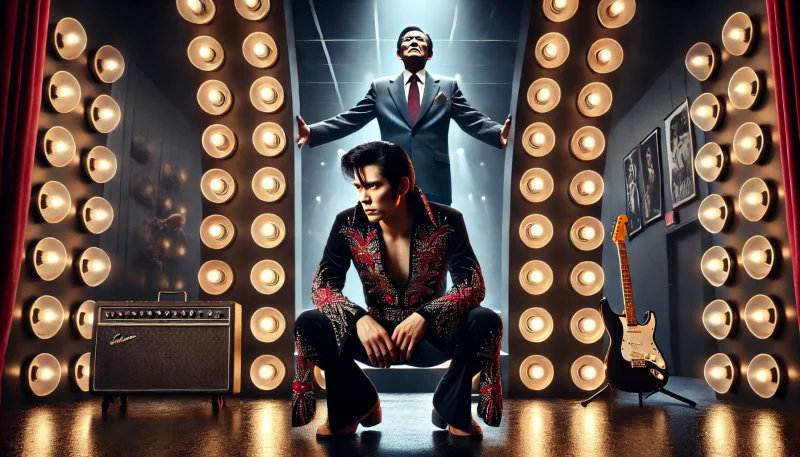 - 1970年代のアメリカ風コンサート会場で、舞台の強い照明に圧倒される日本人男性歌手と、舞台裏の暗がりから彼を監視する威圧的な年配の日本人男性マネージャー。華やかな舞台と対照的に重苦しい雰囲気が支配する。