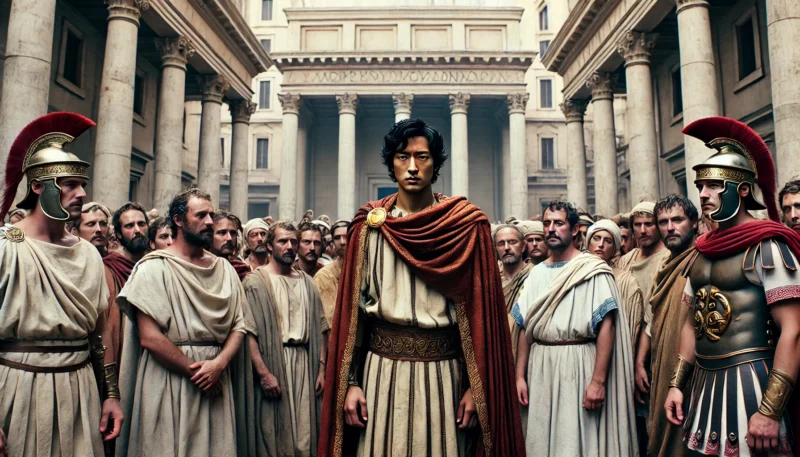 ローマ時代のセットで、トーガをまとった背の高い日本人俳優がイタリア人エキストラの中に溶け込み、まるでローマ人のように見える様子。古代の建築を背景に、俳優の存在感が際立っている。