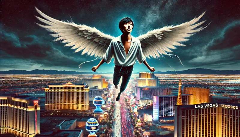 足を持たない鳥に変身した日本人男性歌手が、煌びやかなラスベガスの上空を疲れた翼で飛び続けるメタファー。どこにも降りられない運命と芸術の消耗を象徴し、空は重く絶望的に描かれている。