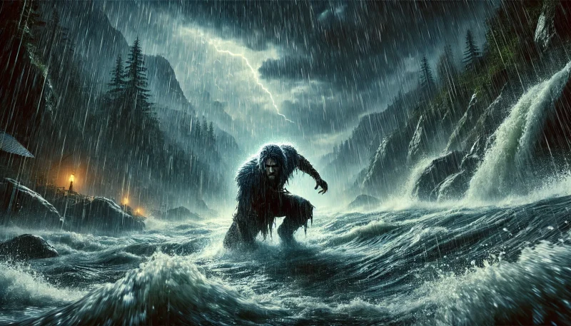 激しい雨の中、狼の姿をした若い男性が山間の荒れた川で必死に流される様子。暗く荒々しい自然の中で孤独にあらがう姿が、悲劇的な最期と異質な存在の苦悩を象徴している。