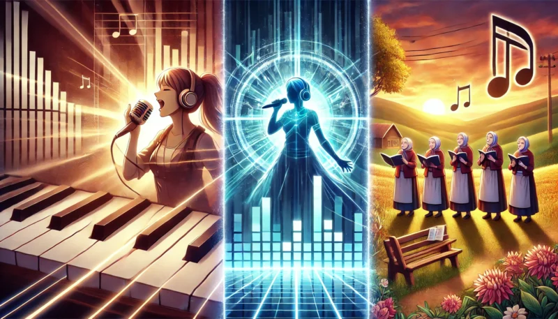 仮想世界の歌姫、音楽集団、田舎の合唱団という3つの音楽レイヤーが美しく融合し、一つの物語を形成する象徴的なアニメ風ビジュアル。