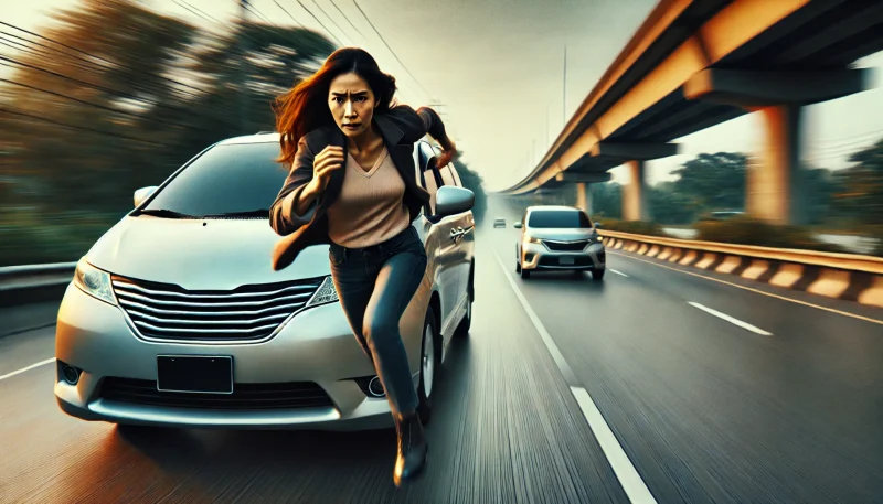 高速道路で犯人の車を追うシングルマザーのミニバンを描いた、緊迫したカーチェイスシーン。スピード感と母親の決意が映像に表れている。