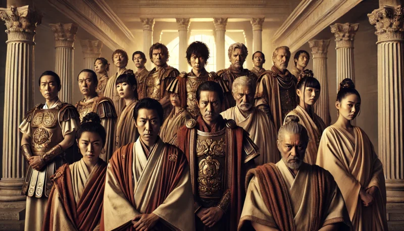 古代ローマの衣装をまとった日本人俳優たちが、荘厳な建物の前に整列して立つグループポートレート。彫りの深い顔立ちのキャスト陣が圧巻の存在感を放つ構図。