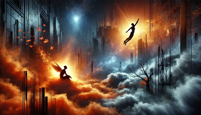 　オレンジと青の光に照らされた幻想的な戦場。シルエットの人物が空へ昇り、もう一人が倒れ込む姿が描かれ、自由と運命の対比を象徴している。