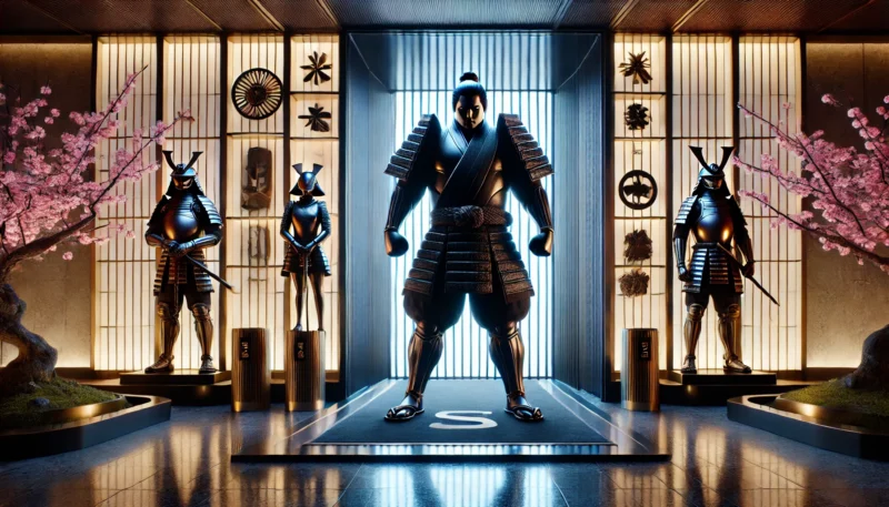 近未来的なホテルの入り口で、防御姿勢をとるスーツ姿の巨漢男性が、和とSFが融合した空間に立つシーン。