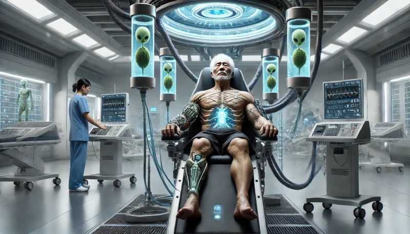 高齢の日本人戦士が未来的な医療施設でプレデター由来の技術を使った治療を受けている場面。サイバネティックな装置が身体に接続され、延命処置が行われている。