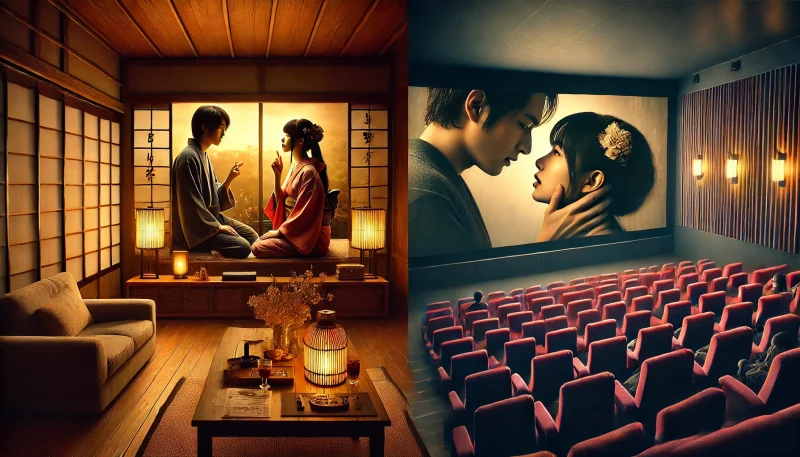 ドラマと映画の違いを象徴するように、家庭的なテレビドラマの情緒的なシーンと、劇場映画の劇的なシーンを対比的に描いたビジュアル