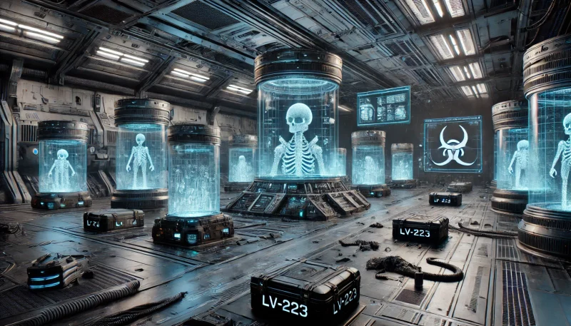 黒い液体の貯蔵容器や異星人の遺骸が並ぶ、LV-223の高機能バイオ兵器研究施設を表現した未来的なラボの風景。