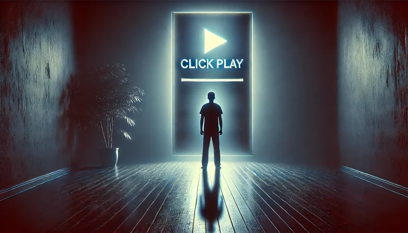 夜、暗い部屋で配信画面を前に立ちすくむ人物。作品を再生するか迷うその背中には、視聴の判断に伴う倫理的・心理的葛藤が映し出されている。