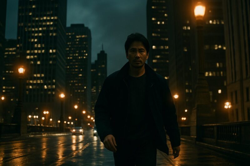 濡れた路面に街灯が反射し、シカゴの冬の逃走劇を思わせる90年代シネマ風シーン。