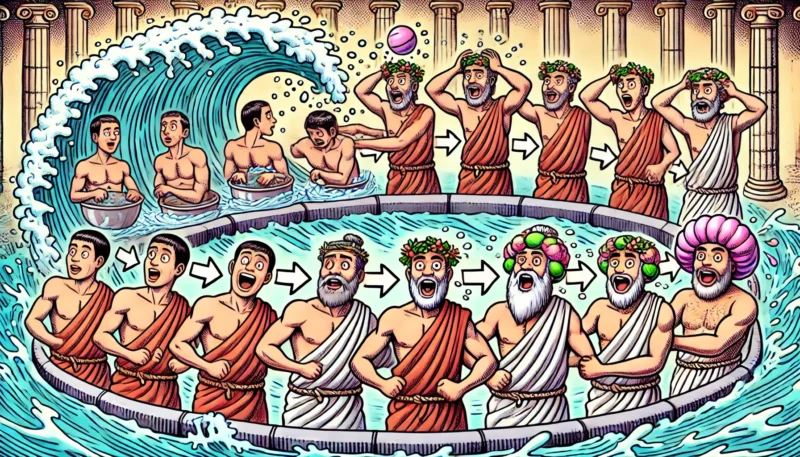 古代ローマ人が日本へタイムスリップし、風呂グッズに驚き、それをローマで応用するという展開を繰り返す様子をユーモラスに描いたイラスト。展開のワンパターン性を視覚化した構成。