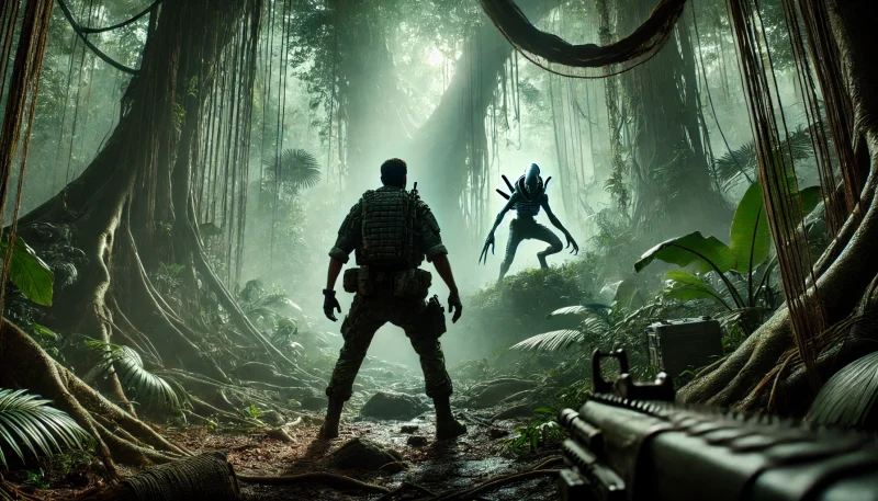 密林の中で見えない敵と対峙する屈強な兵士のシーン。湿度の高い熱帯雨林に包まれた戦場が、緊迫感と臨場感を強調している。