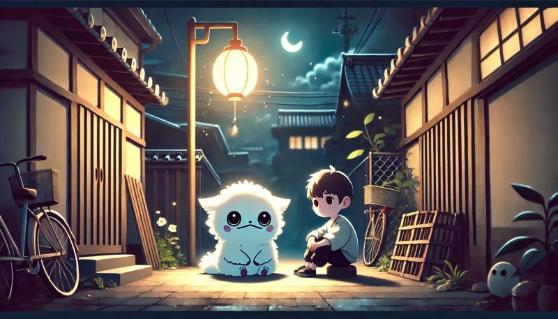 夜の街角で白く小さな不思議な生き物と孤独な少年が寄り添う、感情的なつながりを象徴するアニメ風シーン