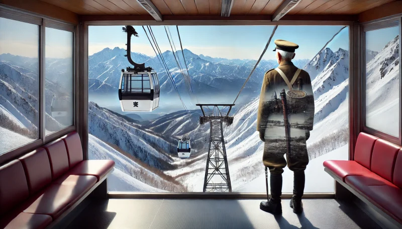 現代のロープウェイ車内から雪に覆われた八甲田山を見下ろす高齢の元兵士。過去と現在を象徴する印象的な情景。