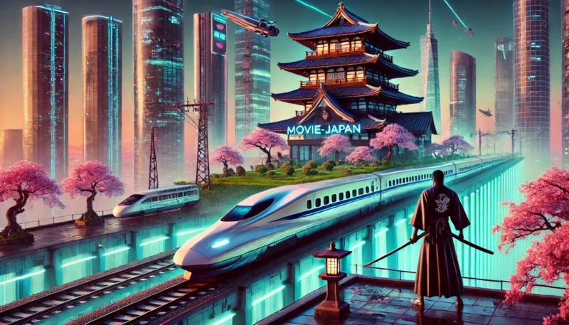 梅田駅の屋上に広がる巨大な枯山水庭園と、背景に走る新幹線、刀を持つ人物が登場する誇張された映画的日本風景。