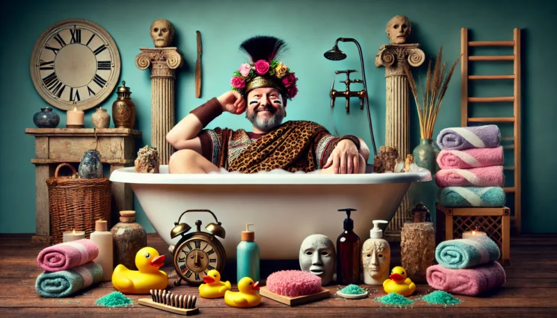 現代の日本式バスグッズに囲まれてくつろぐ古代ローマ人が登場する、気軽で楽しいコメディ映画の雰囲気を表したイメージ