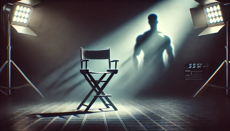 映画スタジオの中央に置かれた空の監督用チェアと、背景に浮かぶ筋肉質な人物のシルエットが、有名俳優不在の余韻と制作舞台裏の緊張感を象徴している。