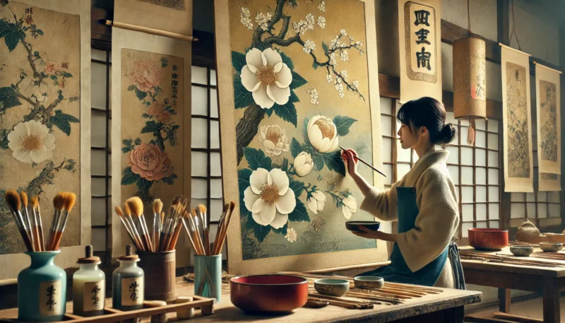 日本の伝統的な絵画修復スタジオで、白梅や椿、菊の花が描かれた古い絵画を丁寧に修復する女性の姿