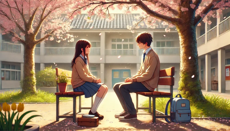 春の校庭で、桜の下に並んで座る10代の男女。互いに静かに心を通わせる様子が描かれ、信頼と理解、未来への希望を象徴する情景。
