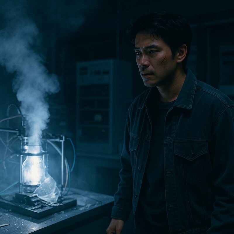 研究室で爆発事故が起きた直後、煙と青白い光に包まれた壊れた装置を見つめる