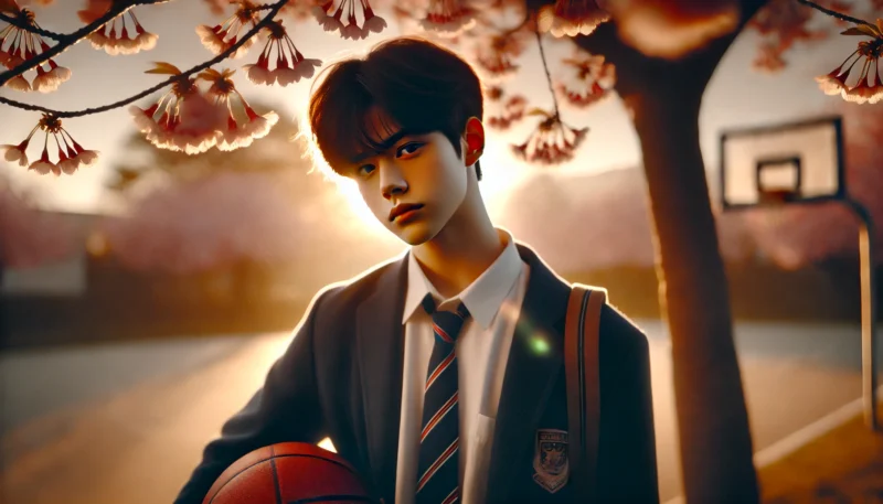 夕暮れの校庭で桜の木の下に立つ、高校の制服を着た静かな表情の男子生徒がバスケットボールを抱え、遠くを見つめている情緒的なシーン