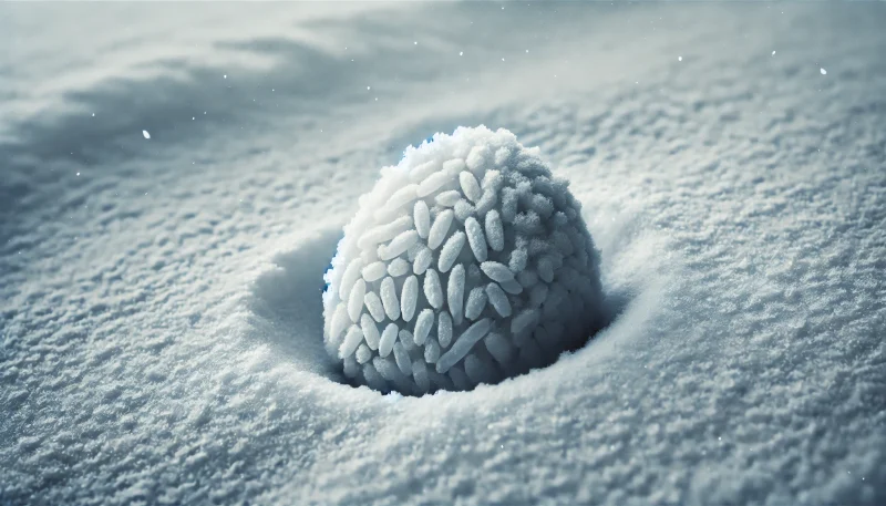 雪に埋もれて凍りついたおにぎりのクローズアップ。極寒によって希望すら打ち砕かれた絶望を象徴する静物シーン。
