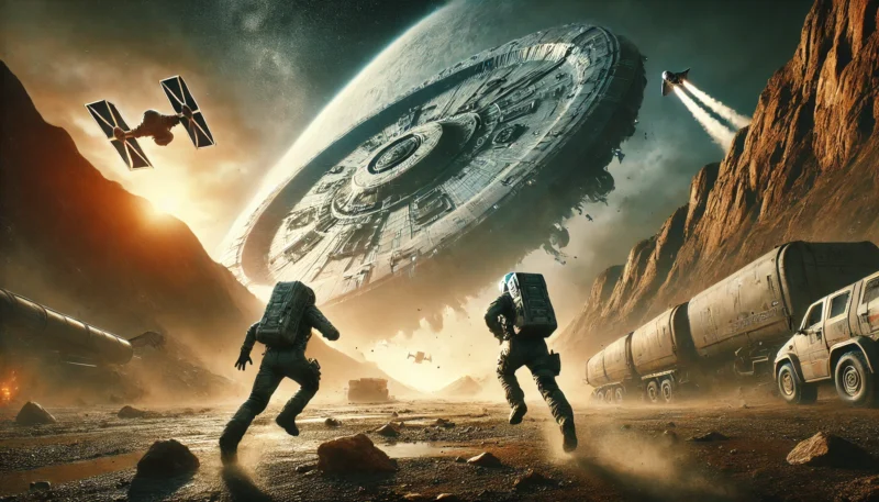 荒廃した異星の地表で、巨大な宇宙船の墜落から逃げる2人の宇宙飛行士の緊迫した瞬間