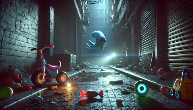 薄暗い路地裏に落ちたキャンディと壊れたおもちゃ、闇の中から見えるかすかな発光体が、無邪気さと不気味さの対比を象徴的に描いている。