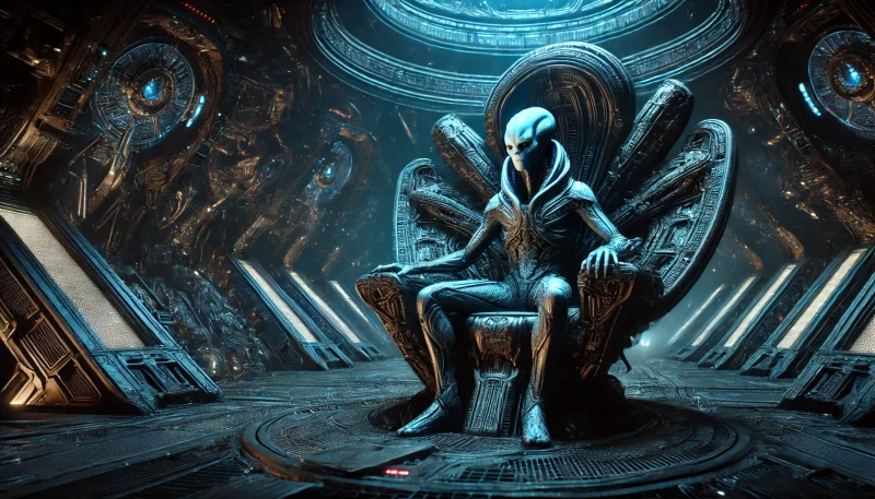 巨大な宇宙船の操縦席に座る神秘的な異星人エンジニアの姿と、暗いバイオメカニカルな内部構造を描いたSF的イメージ。